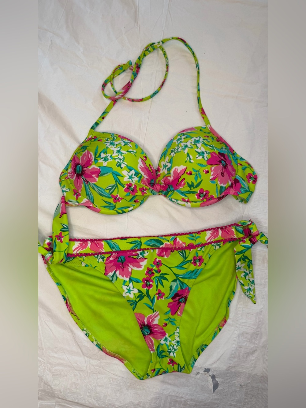 Floral Lime Green Halter Bikini Set with Pink Accents
